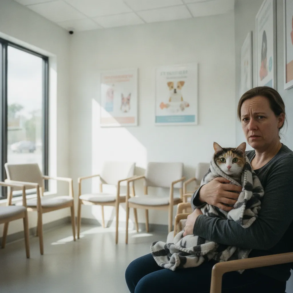 Une propriétaire inquiète attend avec son chat dans la salle d'attente d'une clinique vétérinaire d'urgence