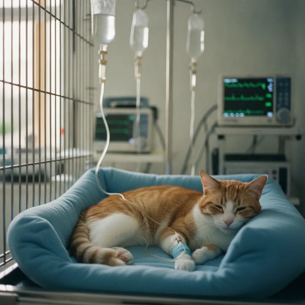 Un chat hospitalisé sous perfusion après une prise en charge en urgence vétérinaire