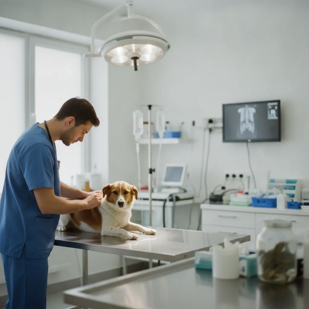 Examen clinique d'un chien en consultation d'urgence vétérinaire