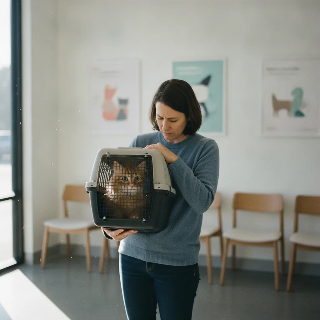 Propriétaire attendant avec son chat dans la salle d'attente des urgences vétérinaires