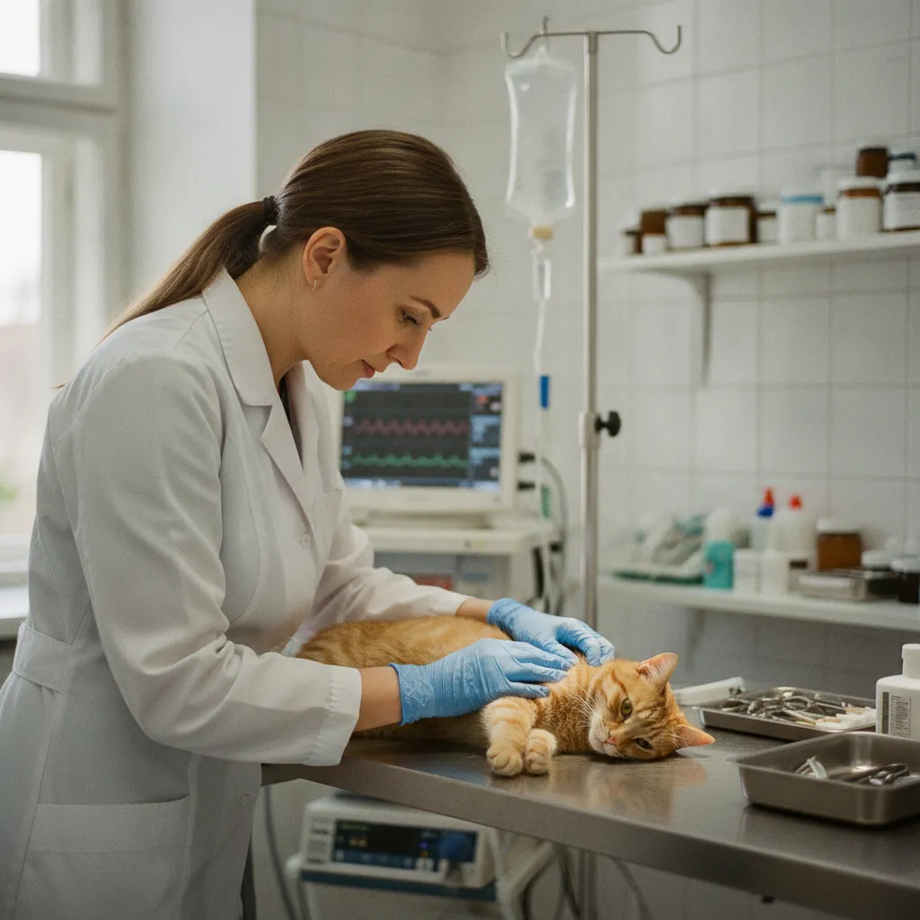 Examen clinique d'urgence d'un chat par un vétérinaire en consultation de garde