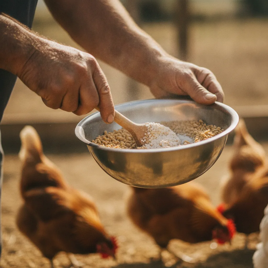 Mélange de vermifuge en poudre dans la ration alimentaire quotidienne des poules