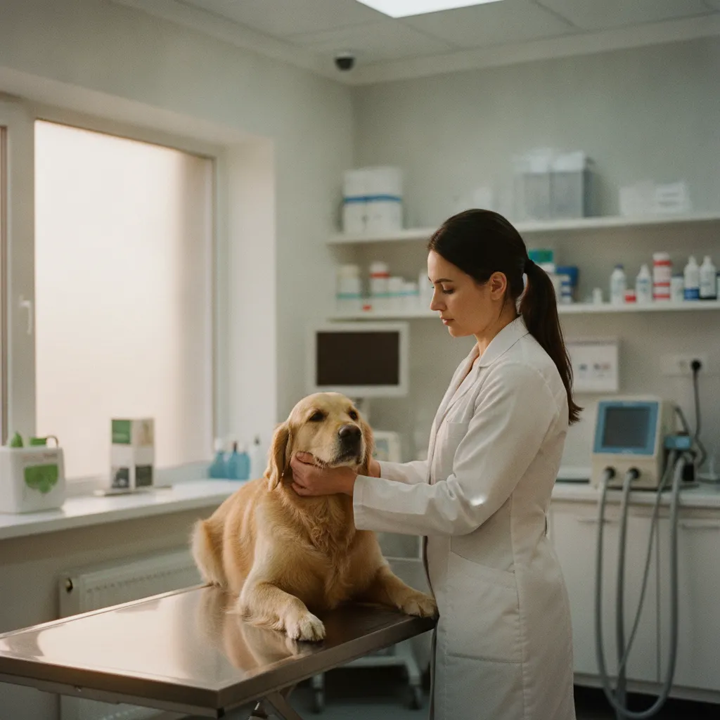 Un vétérinaire de garde examine un chien lors d'une consultation d'urgence nocturne