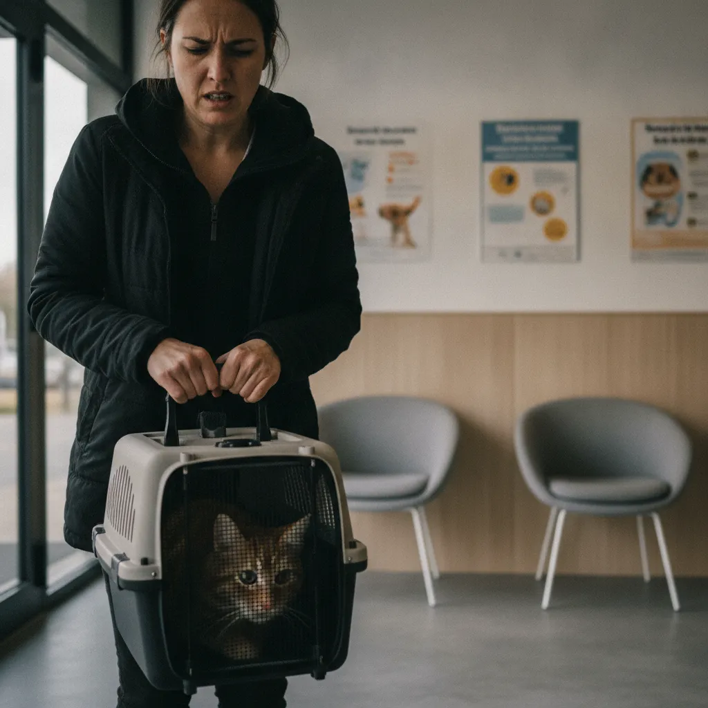 Propriétaire arrivant aux urgences vétérinaires avec son chat dans une caisse de transport